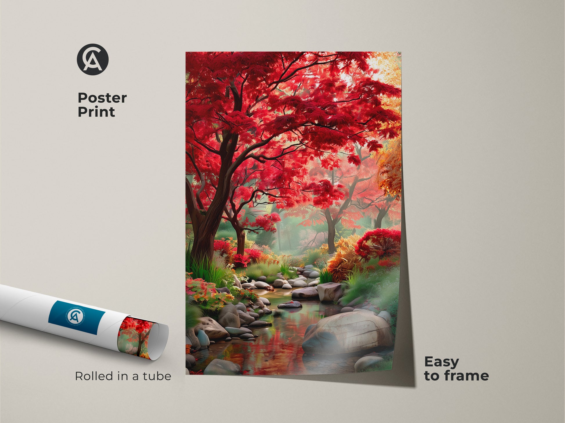 Poster print showcasing a tranquil forest scene. The red foliage trees and gentle stream create a calming effect. Rolled in a tube for easy framing this nature art is perfect for any space. Elevate your decor with this landscape painting.