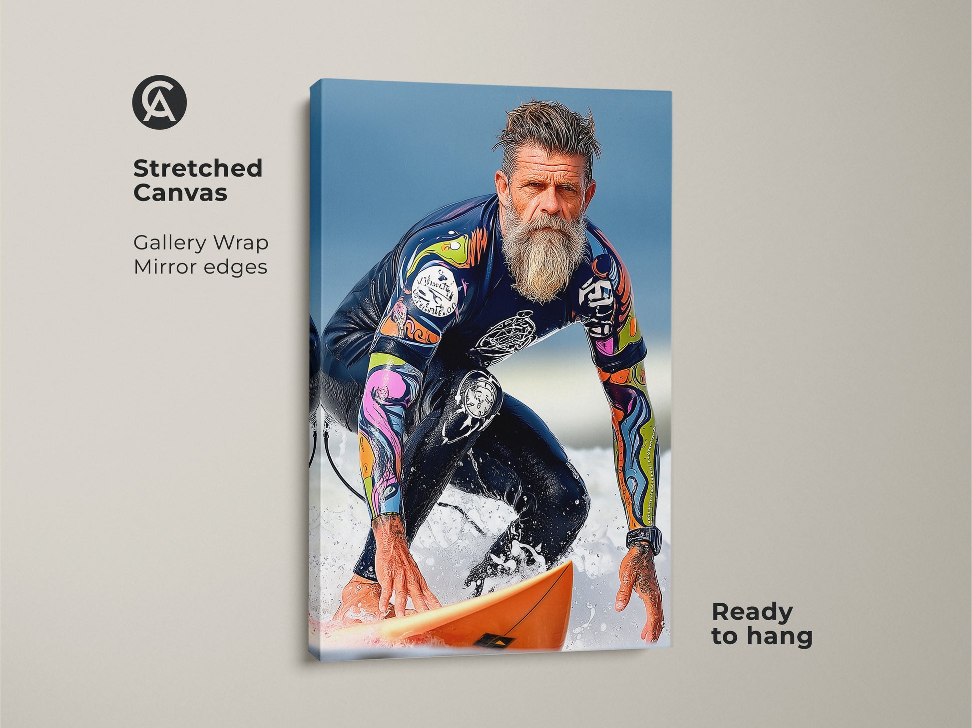 View of a surfer riding a wave in vintage surfer wall artwork. Printed on a stretched canvas it is ready to hang. The gallery wrapped canvas has mirrored edges. Its modern realism is perfect for a man cave.