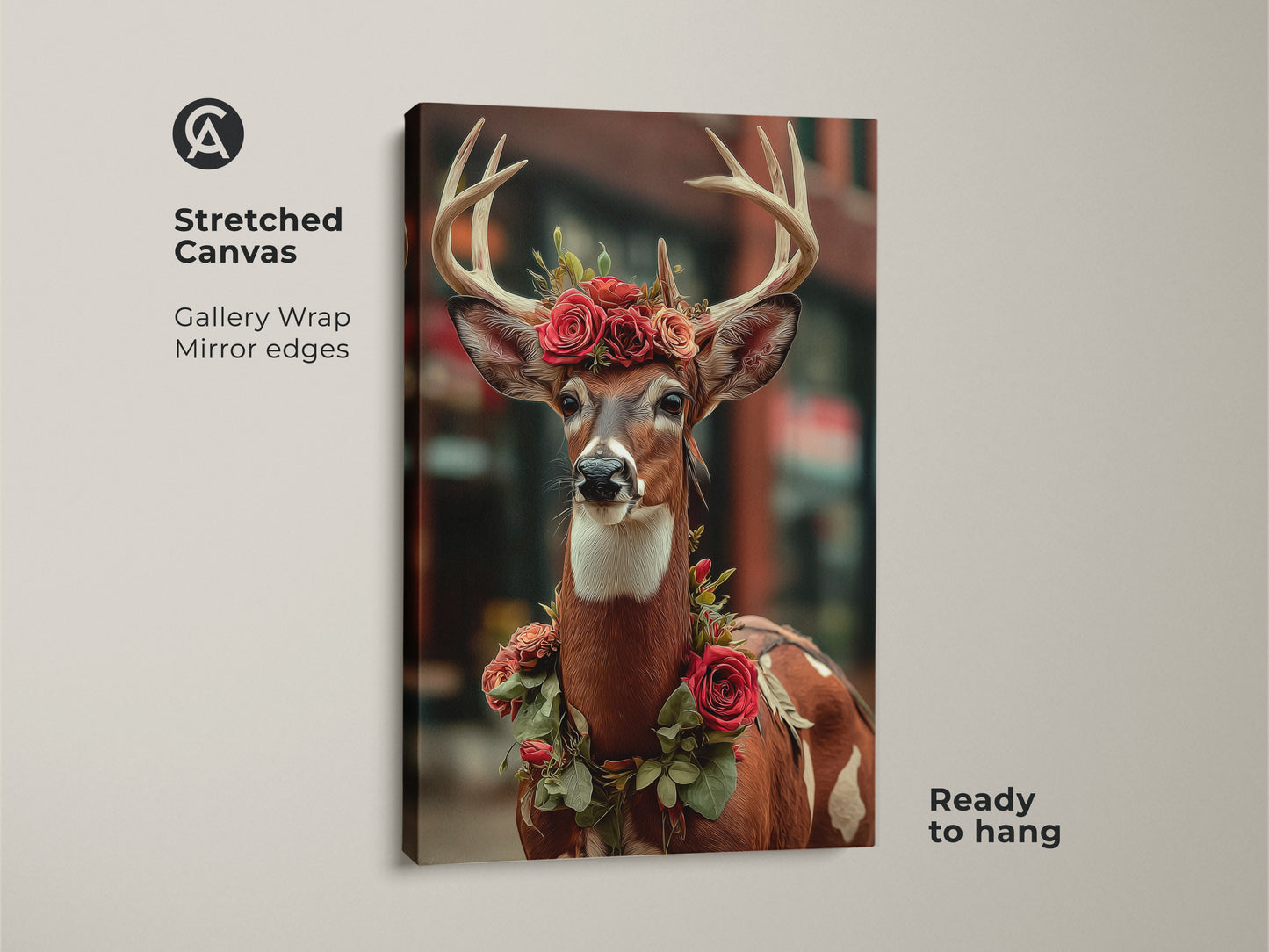 This is a stretched canvas showcasing Whimsical Deer Wall Art. Gallery-wrapped with mirrored edges this canvas comes ready to hang. This animal floral art is perfect for eclectic botanical home decor or bedroom wall decor.