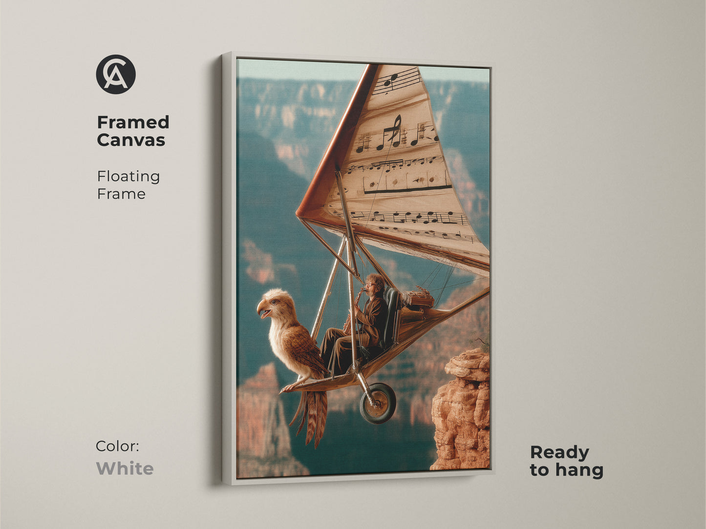Framed Canvas featuring Surreal Flight Canvas Art. It has a white floating frame and is ready to hang. The artwork combines flight music and fantasy art. It's a unique conversation starter and a thoughtful gift. This eclectic piece will enhance any room.