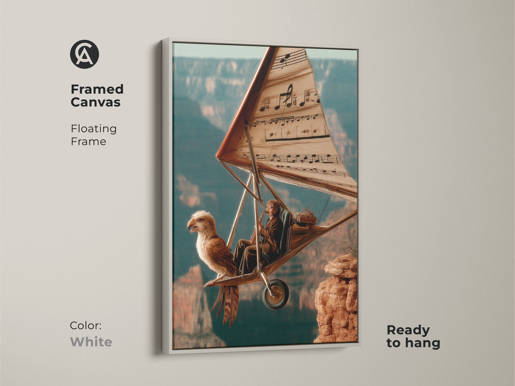 Framed Canvas featuring Surreal Flight Canvas Art. It has a white floating frame and is ready to hang. The artwork combines flight music and fantasy art. It's a unique conversation starter and a thoughtful gift. This eclectic piece will enhance any room.
