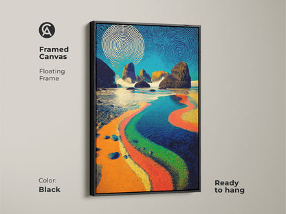 Deep Blue abstract ocean wall artwork is displayed in a framed canvas. The floating frame is brown adding to the overall artwork. The beach scene canvas print features vibrant orange and teal colors. A modern eclectic touch for coastal home decor enhances your residential wall.