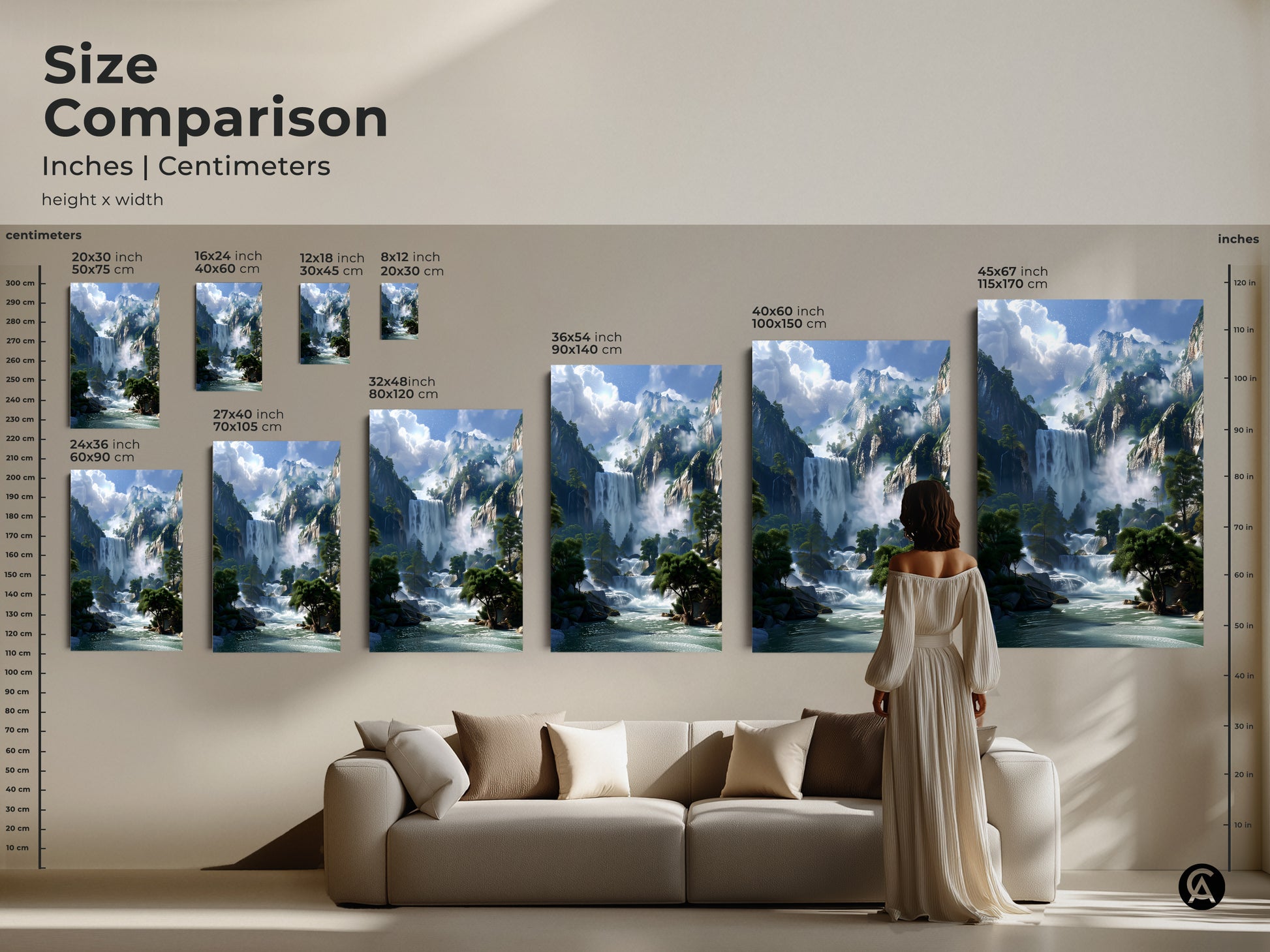 Size comparison of mountain waterfall art prints. See how the canvas and poster sizes from 8x12 to 45x67 inches fit in a living room. Visualize this blue green landscape as a stunning nature scenery decor piece.