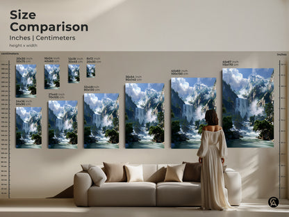 Size comparison of mountain waterfall art prints. See how the canvas and poster sizes from 8x12 to 45x67 inches fit in a living room. Visualize this blue green landscape as a stunning nature scenery decor piece.