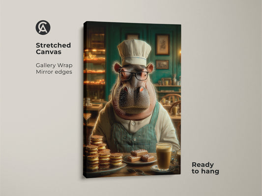 A gallery wrapped stretched canvas print of a hippo chef. Funny animal kitchen decor with a touch of surrealism. The hippo wears a chef hat and apron ready to bake. Brown cream and teal tones complement the pastry and coffee scene in this eclectic animal art.