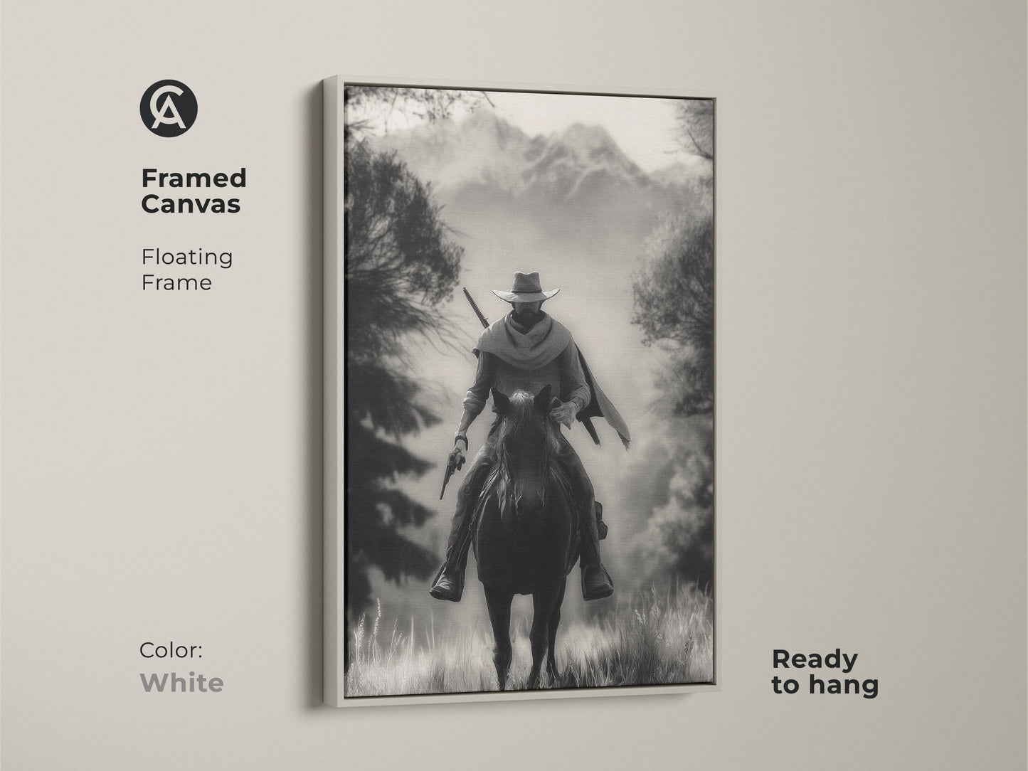 White framed canvas art showcasing a monochrome cowboy on horseback. The floating frame complements this Western landscape artwork. Ready to hang this rustic piece is perfect for a study room or home office. A classic adventure themed artwork in black and white.