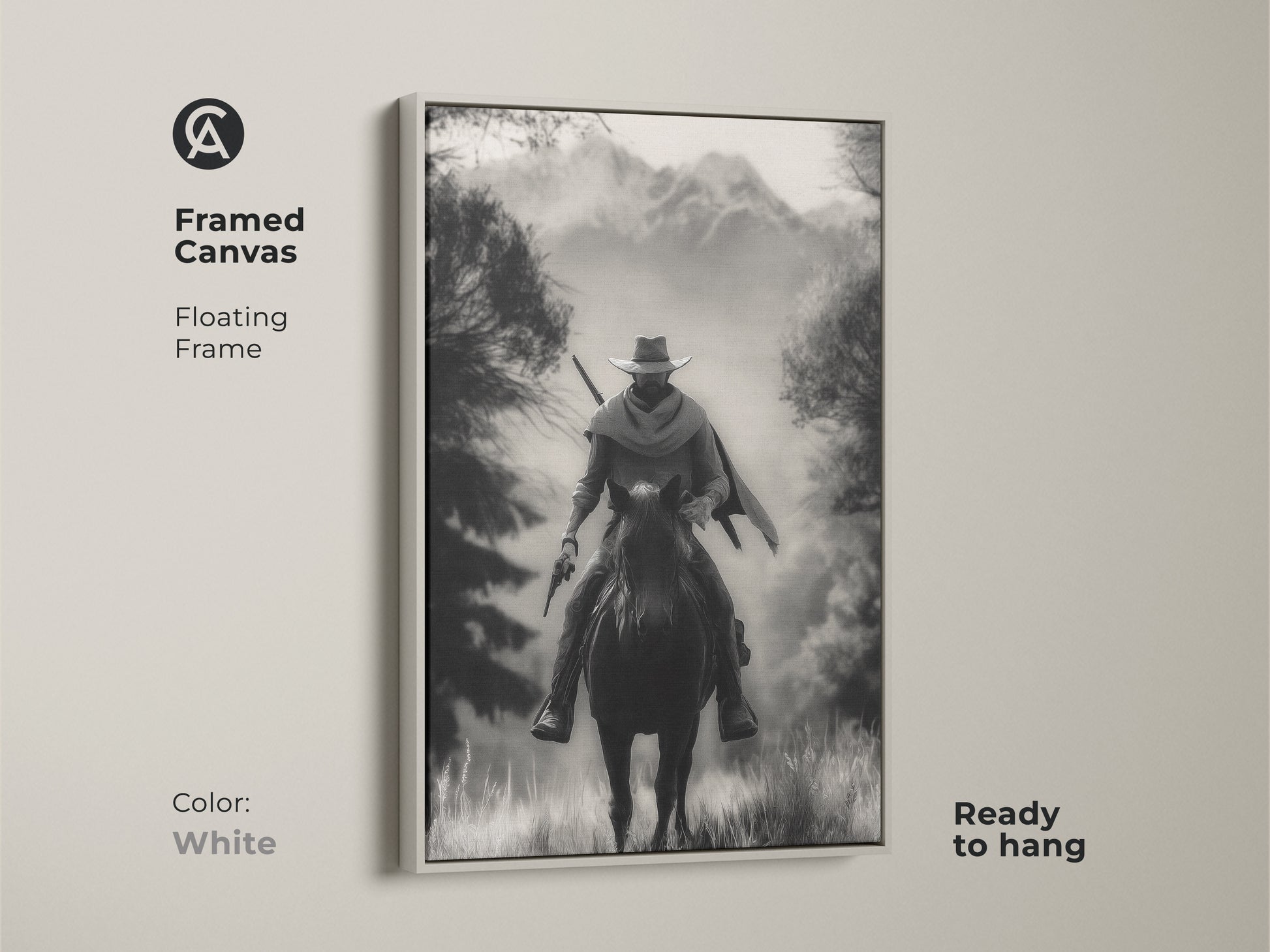 White framed canvas art showcasing a monochrome cowboy on horseback. The floating frame complements this Western landscape artwork. Ready to hang this rustic piece is perfect for a study room or home office. A classic adventure themed artwork in black and white.