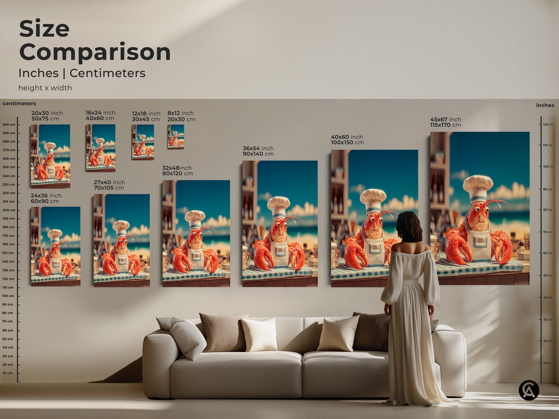 Size comparison of lobster chef artwork in inches and centimeters. See how each size fits above a sofa for reference. Choose from various sizes to suit your space. Perfect for adding a touch of humor to your home decor. Get yours today!