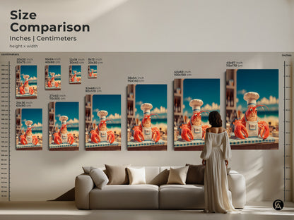 Size comparison of lobster chef artwork in inches and centimeters. See how each size fits above a sofa for reference. Choose from various sizes to suit your space. Perfect for adding a touch of humor to your home decor. Get yours today!