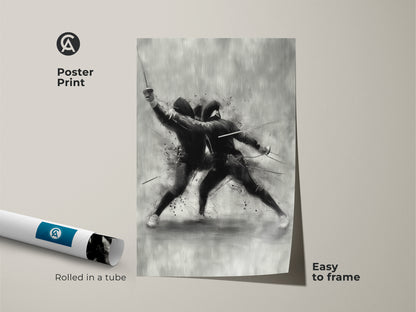Poster print of a fencing action art piece rolled in a tube. This modern sketch wall art is easy to frame. The black and white sports decor is a unique office study gift art. Ideal for fencers and sports enthusiasts.