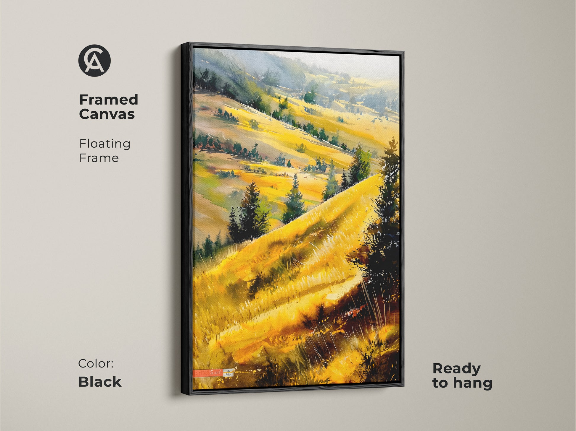 Black framed canvas of an impressionist landscape. The artwork shows golden hills. Floating frame enhances the yellow and green scenery. Ready to hang in a modern farmhouse bedroom. A peaceful nature artwork.