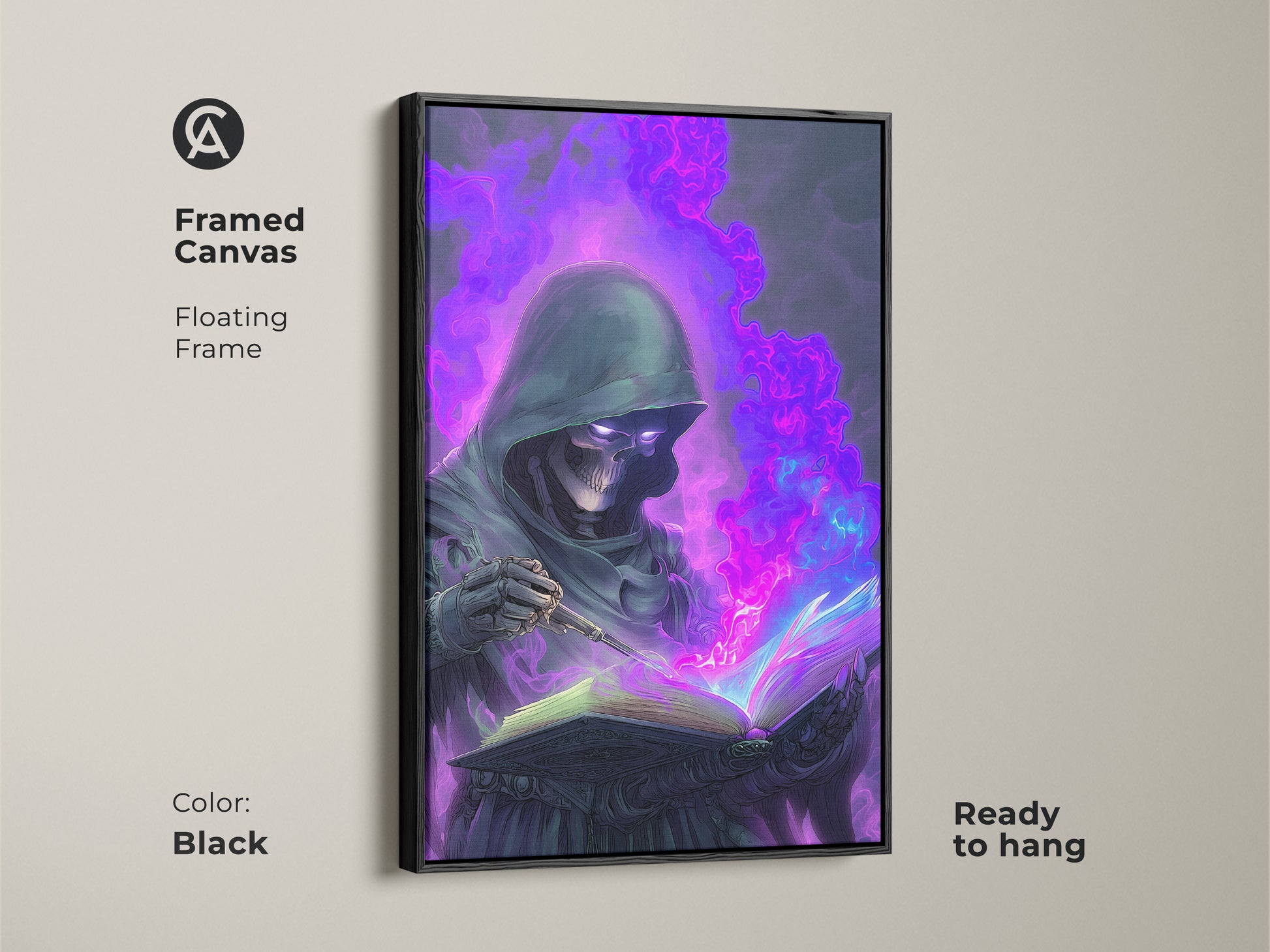 Framed Canvas of a Skeleton Mage. The artwork features Gothic Spellbook Wall Art. The frame color is black. It is Dark Fantasy Art Print with Purple and Blue Magic Decor that is ready to hang.