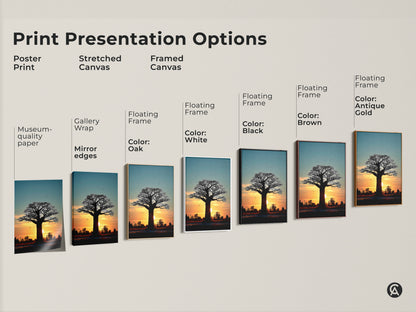 Print presentation options featuring the Sunset Baobab Tree artwork. Choose from poster stretched or framed canvas. A variety of frame colors are available. Find the perfect style for your boho home decor.