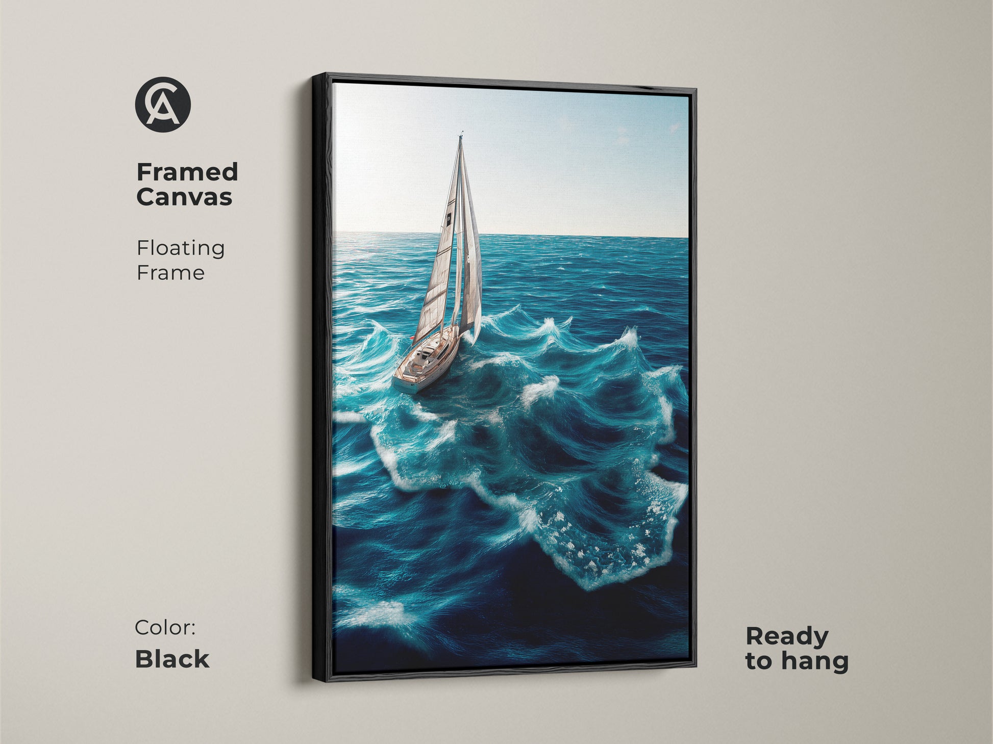 Framed canvas featuring a sailboat on ocean waves. The black floating frame enhances this coastal nautical artwork. Ready to hang for a modern look. A great option for a living room or bedroom. Perfect for boat lovers and coastal home decor.