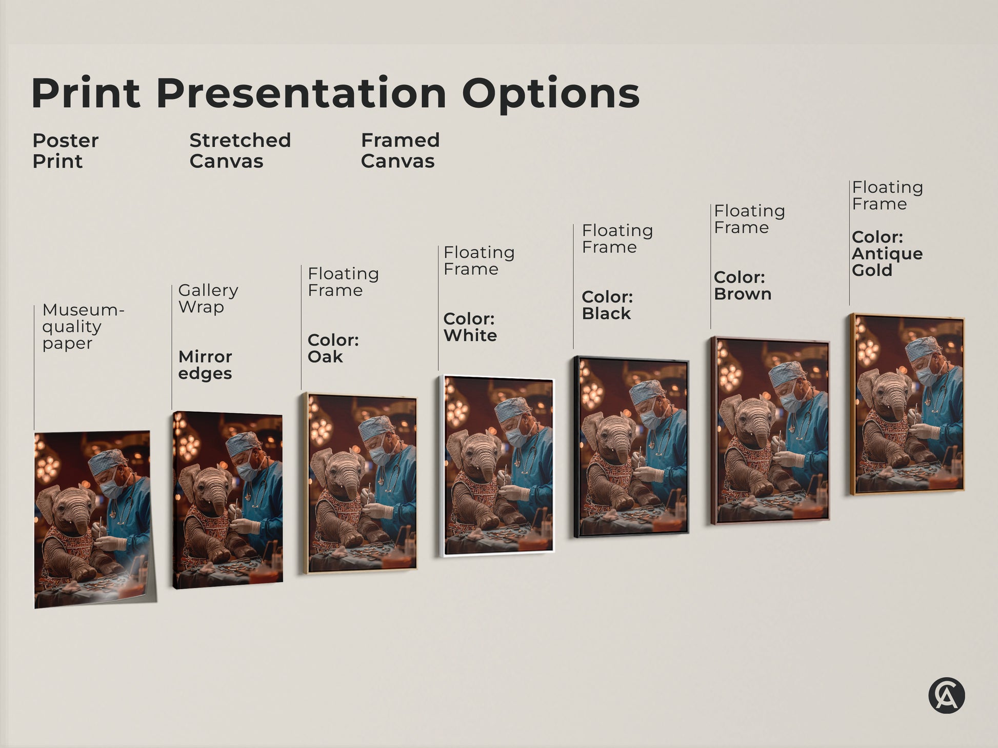Print Presentation Options for Elephant Surgeon art. Options include a poster print stretched canvas and framed canvas. Choose between gallery wrap museum-quality paper and floating frames. Frame colors include black brown antique gold oak and white. This art is ideal for veterinary offices eclectic homes and medical professionals.