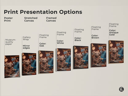 Print Presentation Options for Elephant Surgeon art. Options include a poster print stretched canvas and framed canvas. Choose between gallery wrap museum-quality paper and floating frames. Frame colors include black brown antique gold oak and white. This art is ideal for veterinary offices eclectic homes and medical professionals.