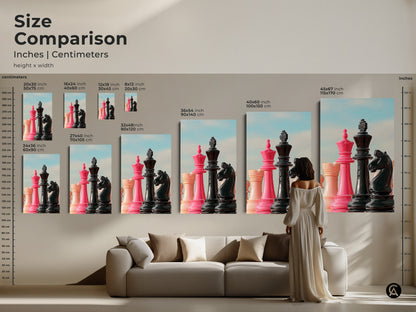 Size comparison of chess artwork featuring pink King and Queen. Displayed above a couch. See how different sizes fit with home decor. Ideal for choosing the right size of this contemporary game art. Perfect for adding intellectual home decor.