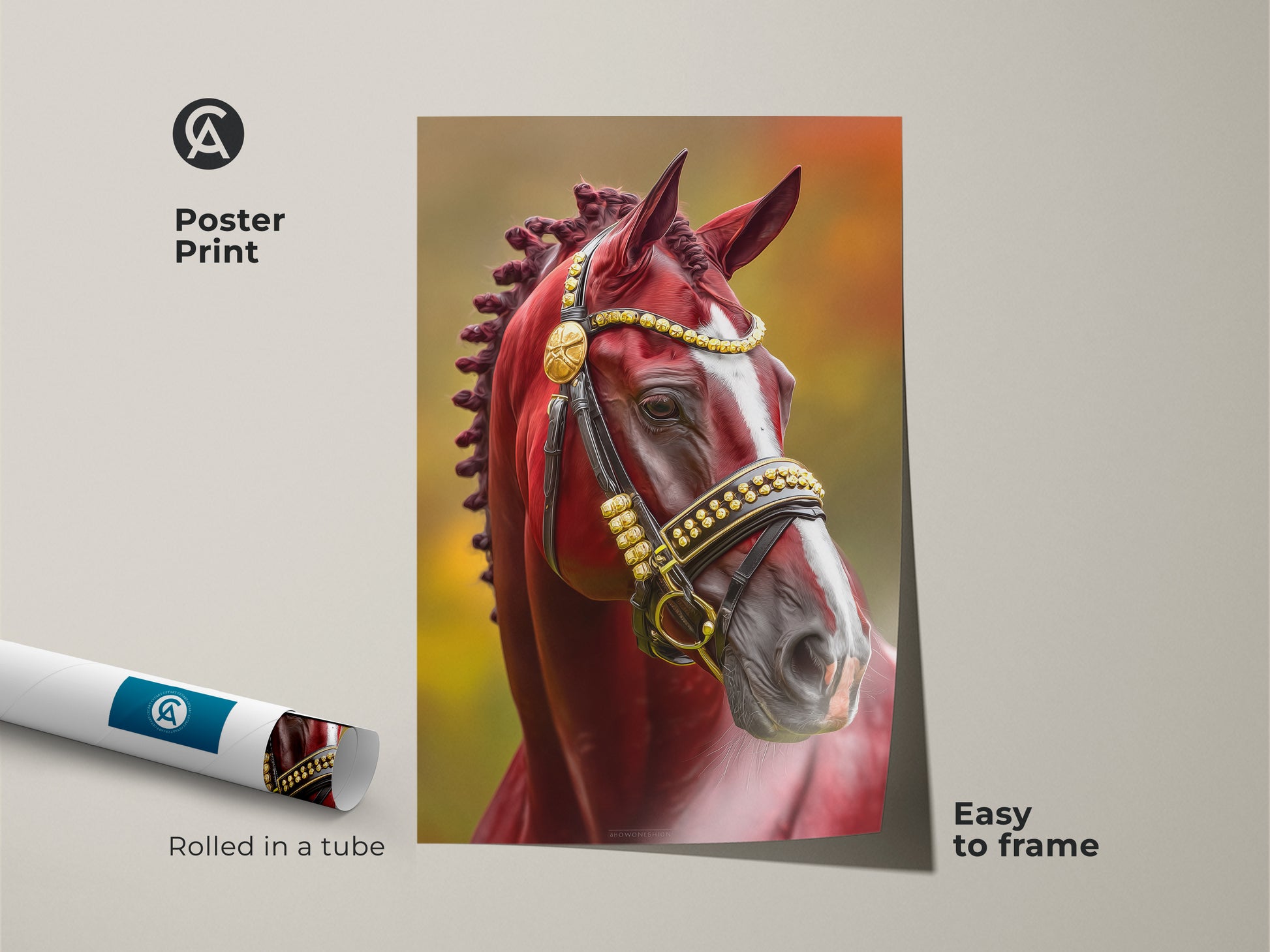 Poster print of a realistic horse portrait. The artwork features a decorative maroon and gold bridle. This equestrian wall art is easy to frame. A perfect gift for any animal lover or horse enthusiast. Rolled in a tube for protection.