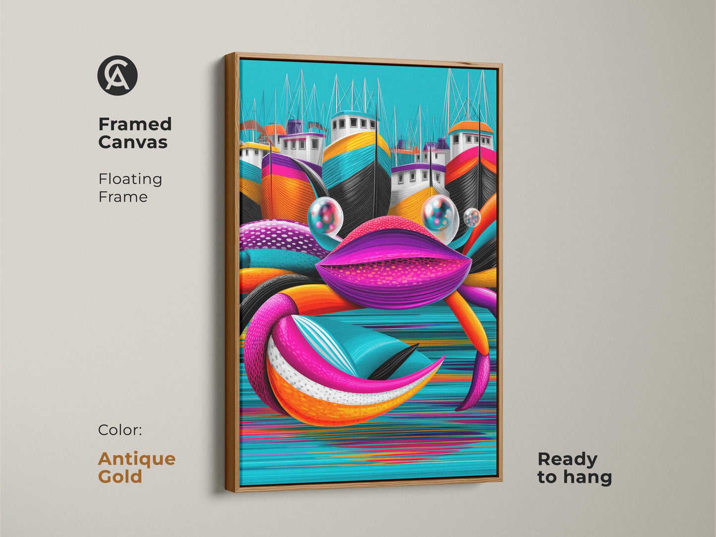 Framed canvas Pop Art crab artwork in antique gold floating frame. Ready to hang vibrant beach print. This nautical Pop Art is ideal as a housewarming gift art. Features boats wall art.
