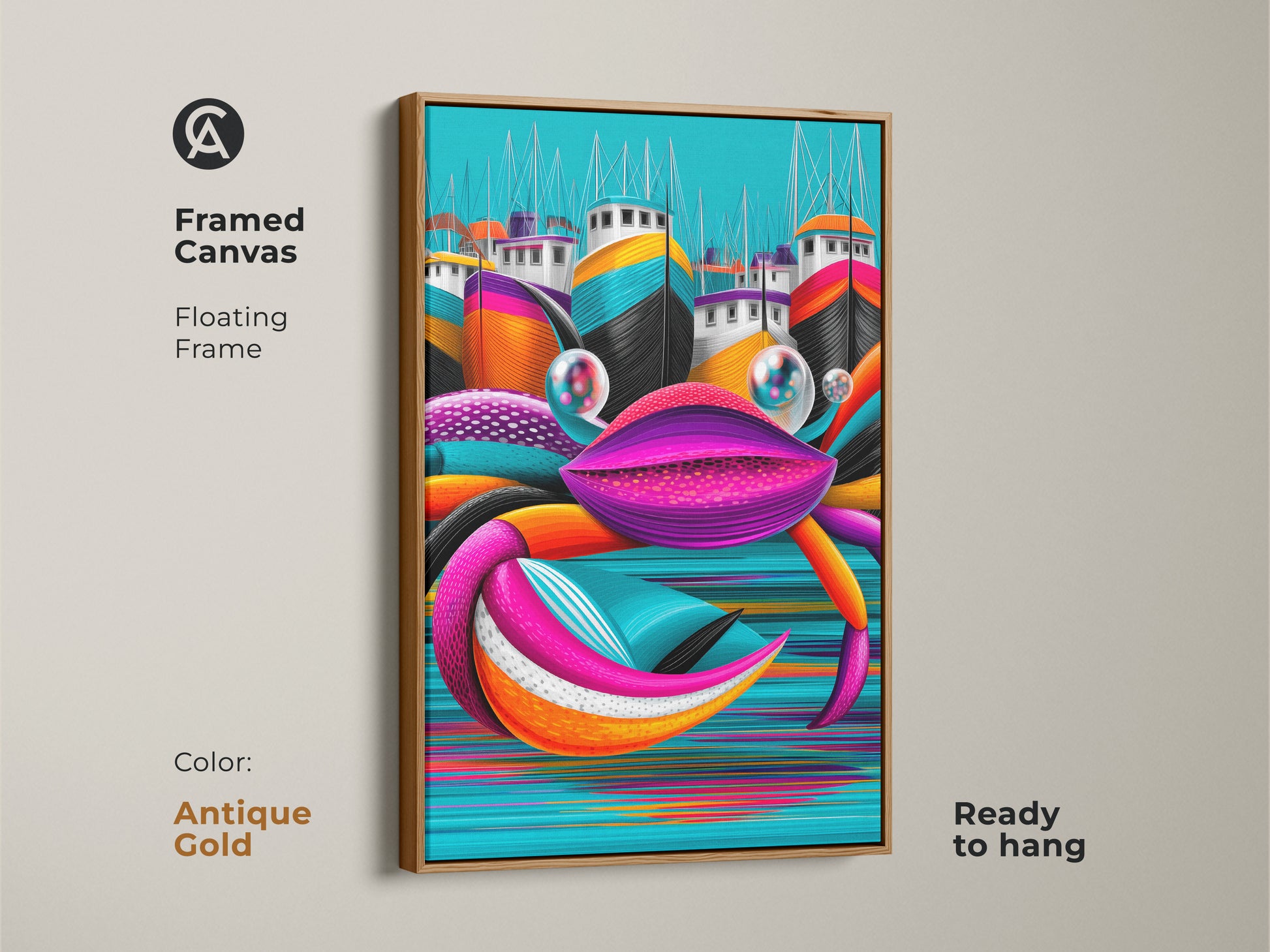 Framed canvas Pop Art crab artwork in antique gold floating frame. Ready to hang vibrant beach print. This nautical Pop Art is ideal as a housewarming gift art. Features boats wall art.