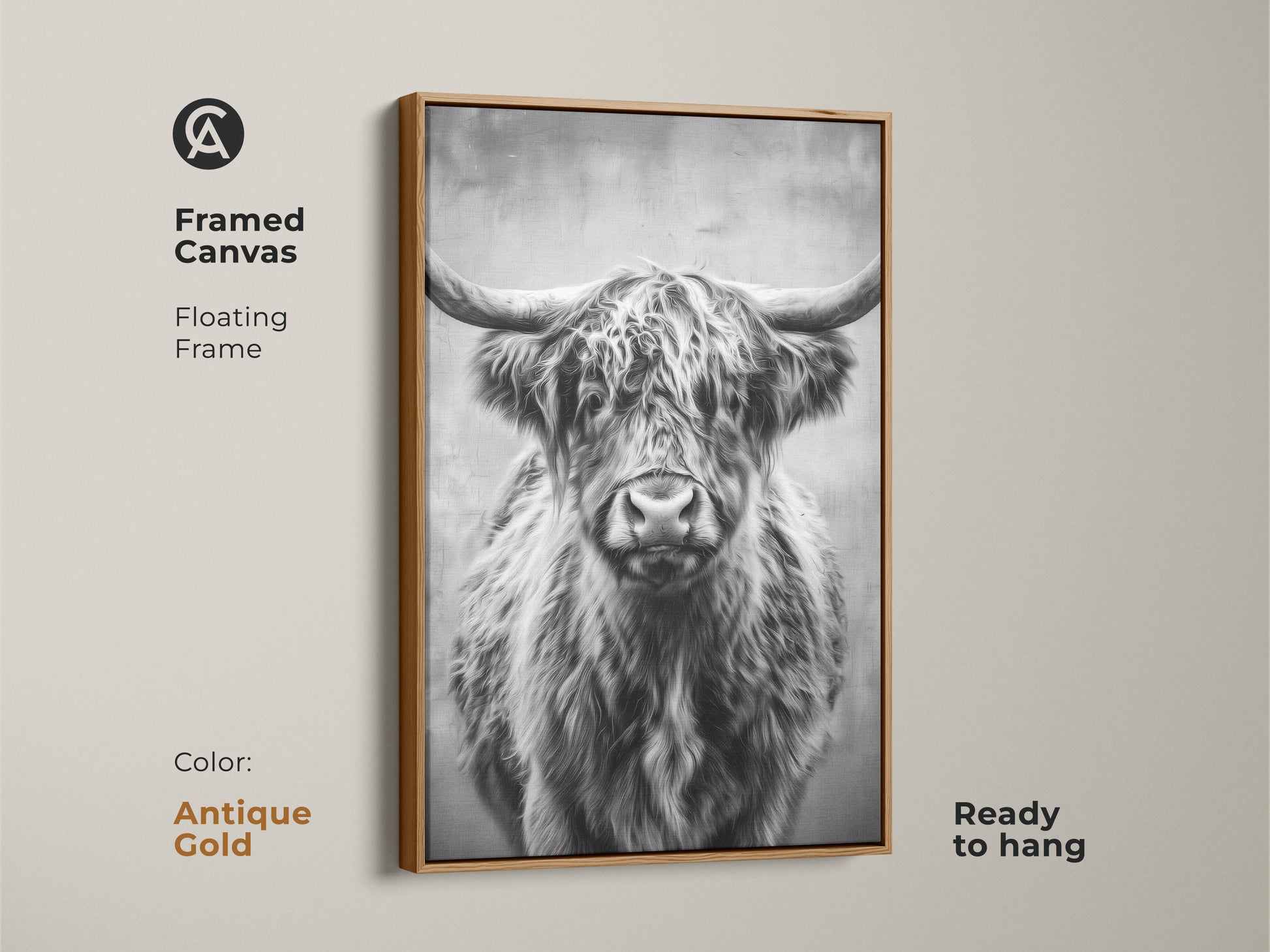 Framed canvas showcases a monochrome Highland Cow. The antique gold floating frame enhances the black and white animal artwork. Ready to hang this rustic wildlife art adds farmhouse charm. A captivating focal point.