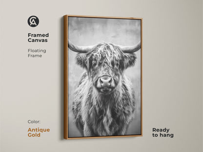 Framed canvas showcases a monochrome Highland Cow. The antique gold floating frame enhances the black and white animal artwork. Ready to hang this rustic wildlife art adds farmhouse charm. A captivating focal point.