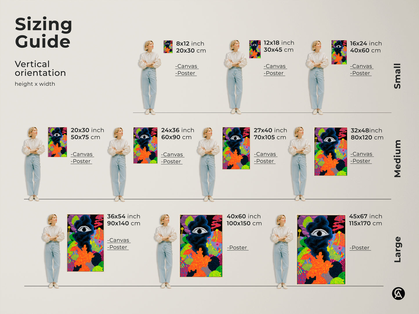 Sizing guide showcasing abstract eye wall art in various sizes. The canvas and poster options are great for eclectic home decor. This neon orange abstract art is a modern statement piece. Find the perfect fit for your space.