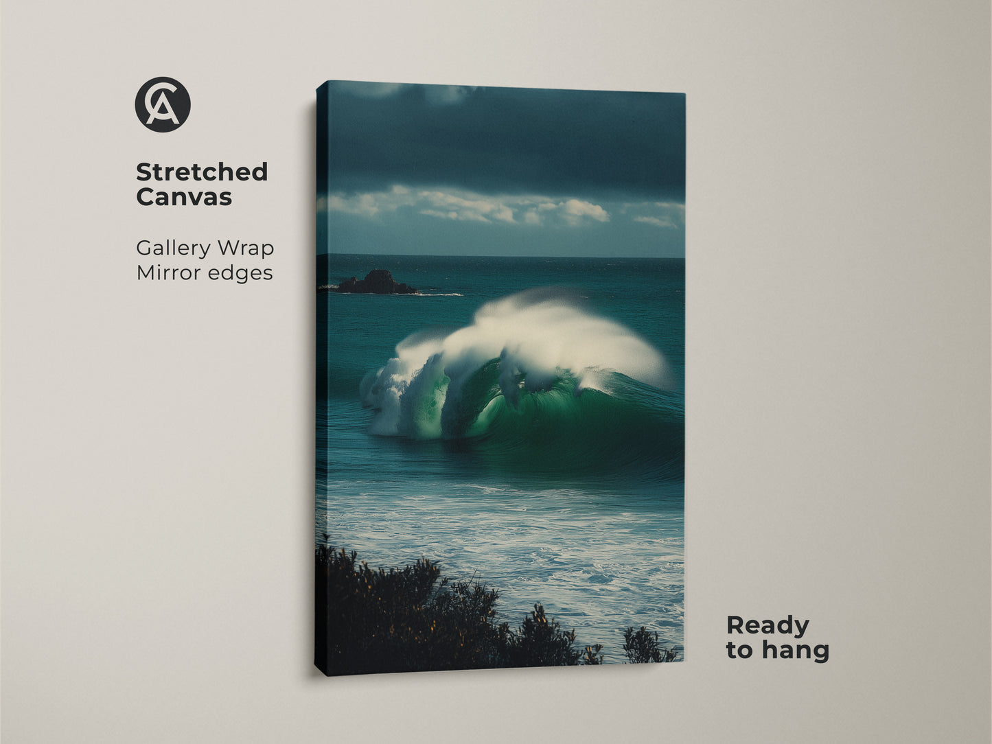 Stretched Canvas of Emerald Green Ocean Wave Art. This coastal seascape wall art print is ready to hang. It features a teal ocean landscape artwork perfect as surfer bedroom decor.