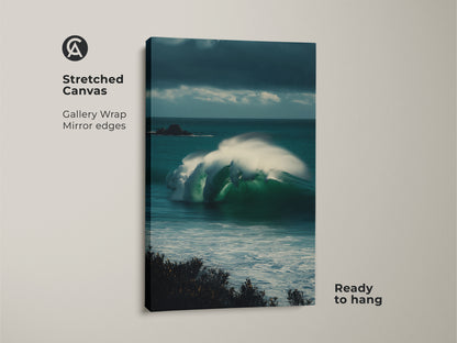 Stretched Canvas of Emerald Green Ocean Wave Art. This coastal seascape wall art print is ready to hang. It features a teal ocean landscape artwork perfect as surfer bedroom decor.