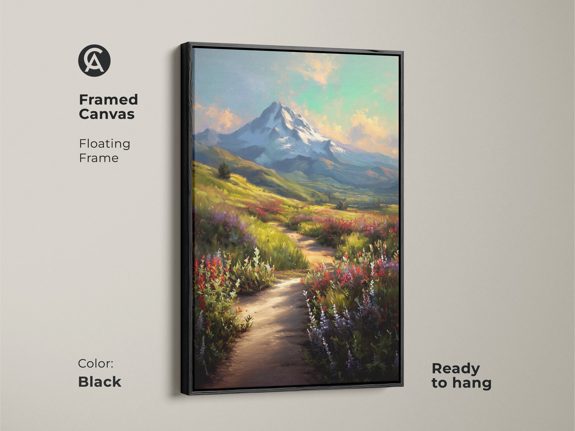 Black framed canvas of a wildflower mountain vista. Floating frame showcases the beauty of this impressionistic landscape. Ready to hang. Bring the outdoors in with this nature trail print decor.