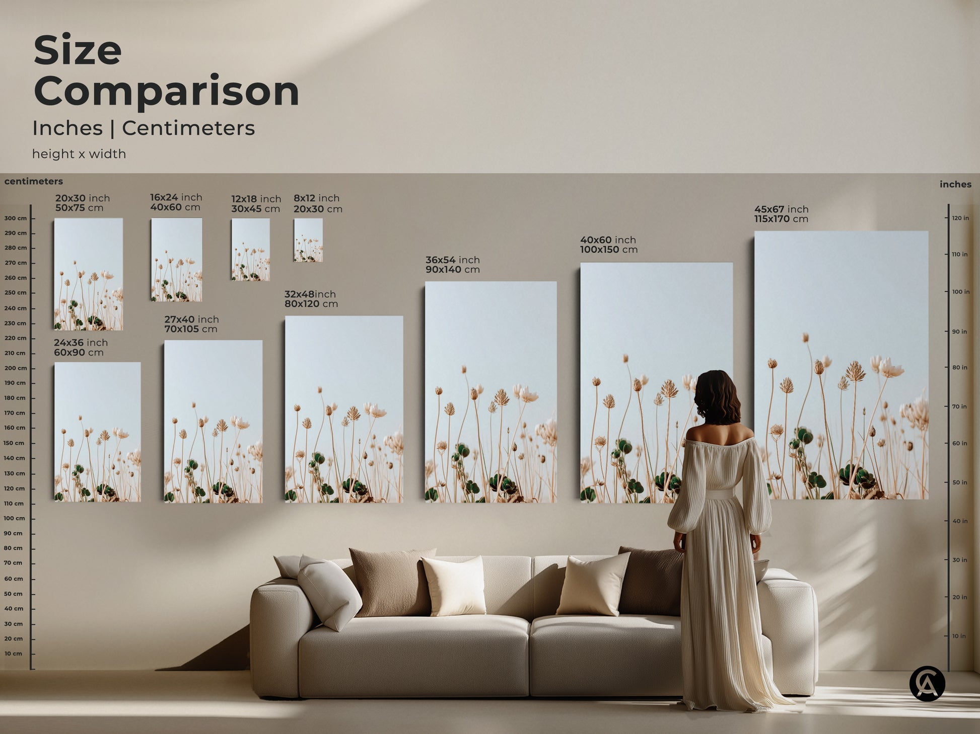 Size comparison showcasing botanical art in inches and centimeters. Visualize how wildflower art fits in your living room. Choose from various sizes to complement your space. Perfect for plant lovers and minimalist boho decor. The cream and light blue floral prints create a serene atmosphere in any home.