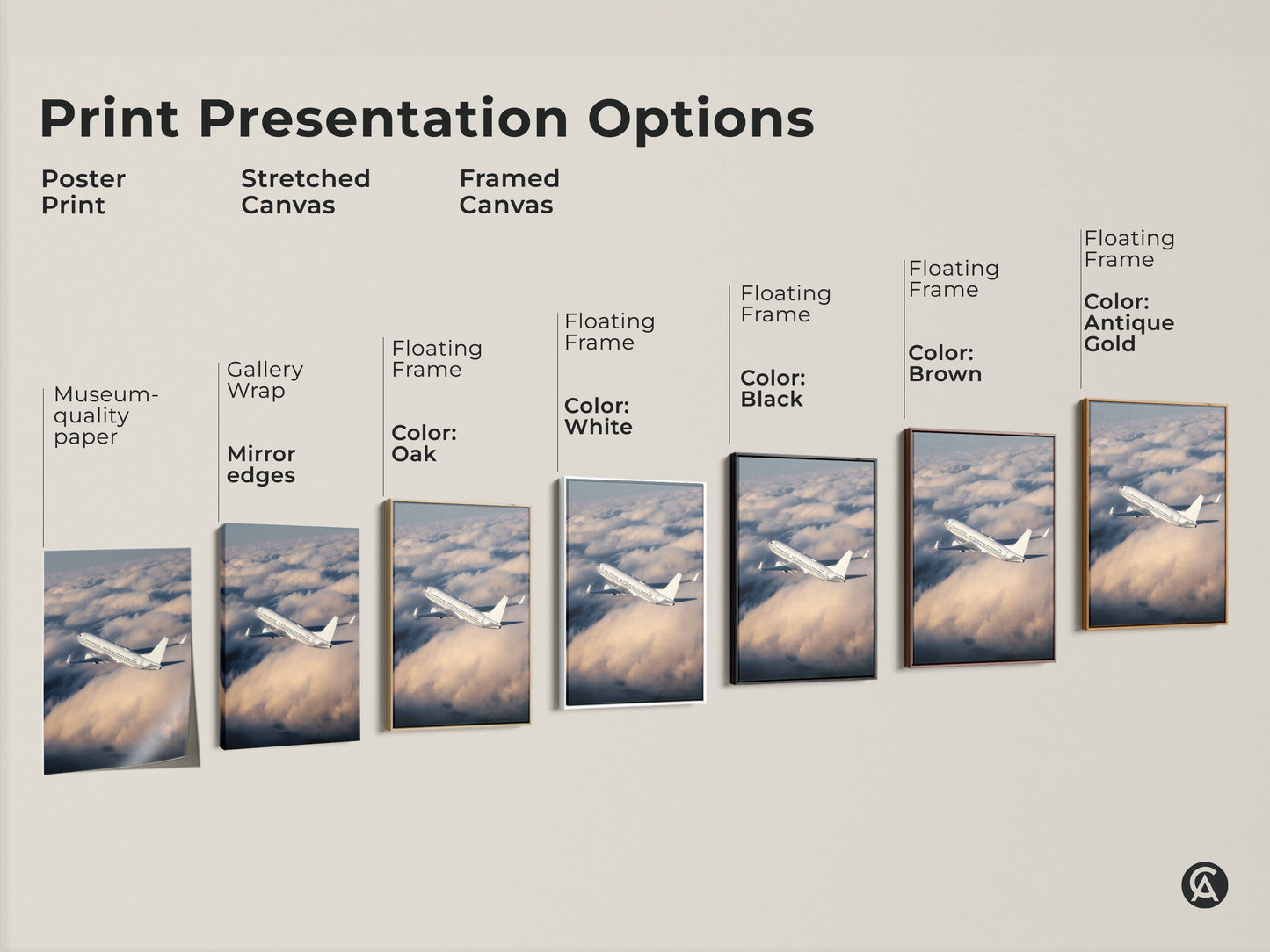 Explore print presentation options for modern airplane artwork. Choose from poster prints stretched canvas or framed canvas. Discover gallery wrap museum quality paper floating frames and mirror edges. Find the perfect style to showcase this aviation photography in your office or home.