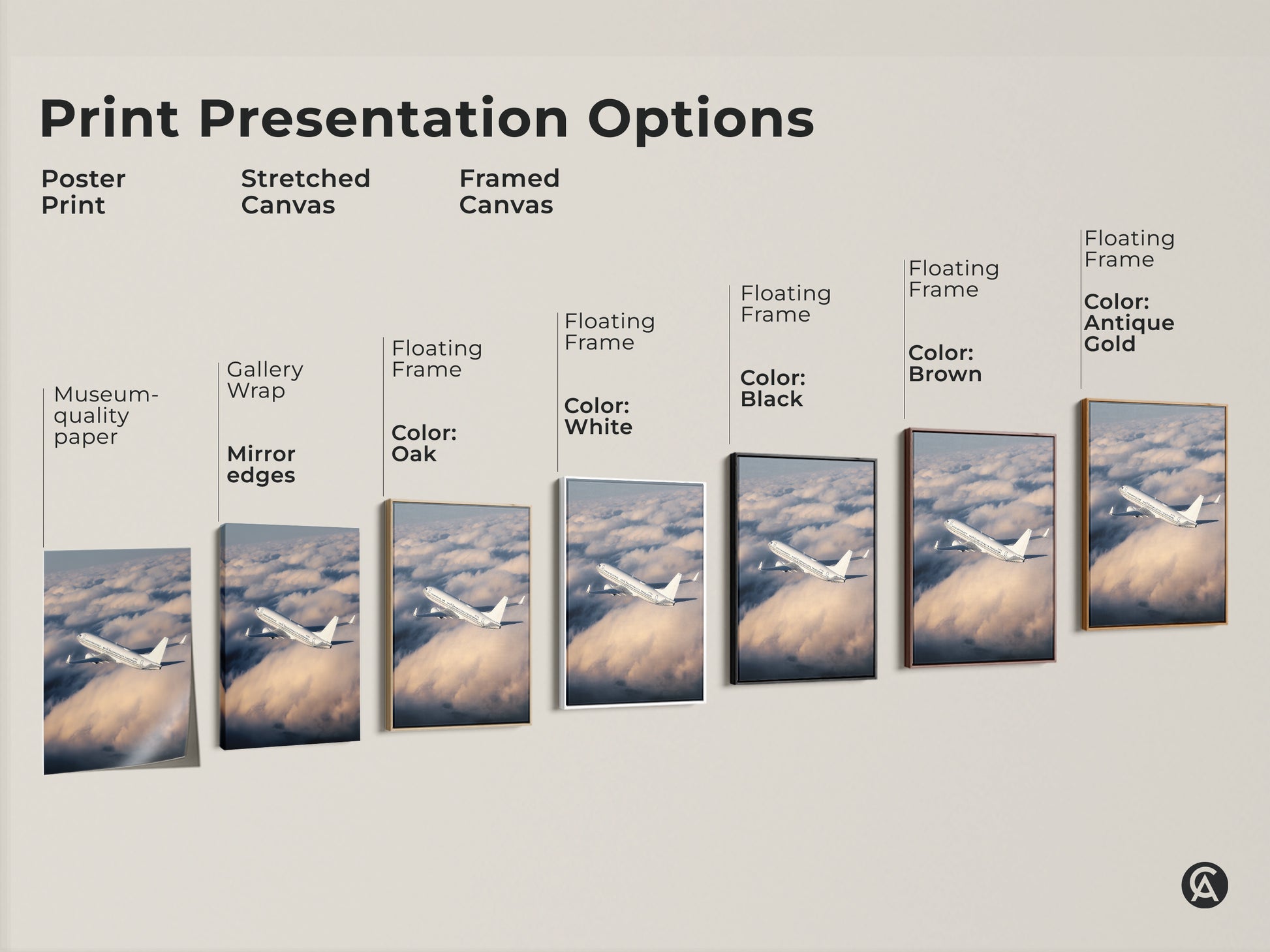 Explore print presentation options for modern airplane artwork. Choose from poster prints stretched canvas or framed canvas. Discover gallery wrap museum quality paper floating frames and mirror edges. Find the perfect style to showcase this aviation photography in your office or home.