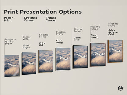 Explore print presentation options for modern airplane artwork. Choose from poster prints stretched canvas or framed canvas. Discover gallery wrap museum quality paper floating frames and mirror edges. Find the perfect style to showcase this aviation photography in your office or home.