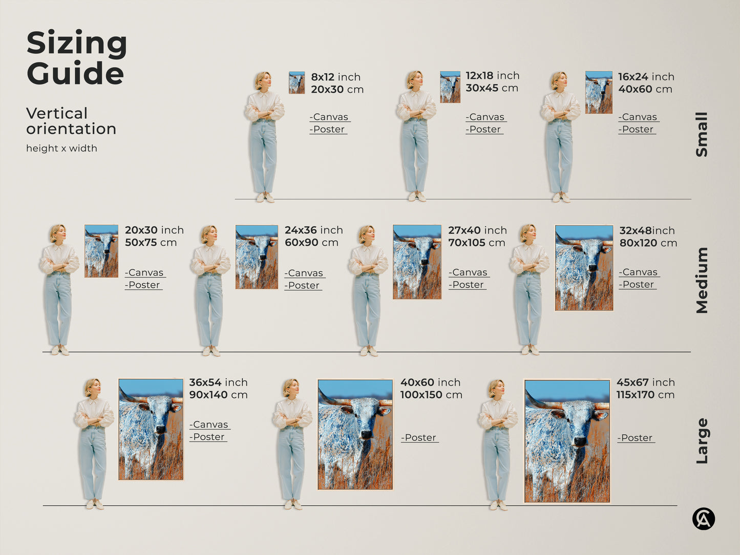 Sizing guide for vertical longhorn bull art. Available in small medium and large sizes. Measurements are in inches and centimeters. Find the perfect size canvas or poster for your space. See sizing chart.