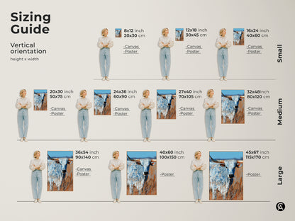 Sizing guide for vertical longhorn bull art. Available in small medium and large sizes. Measurements are in inches and centimeters. Find the perfect size canvas or poster for your space. See sizing chart.