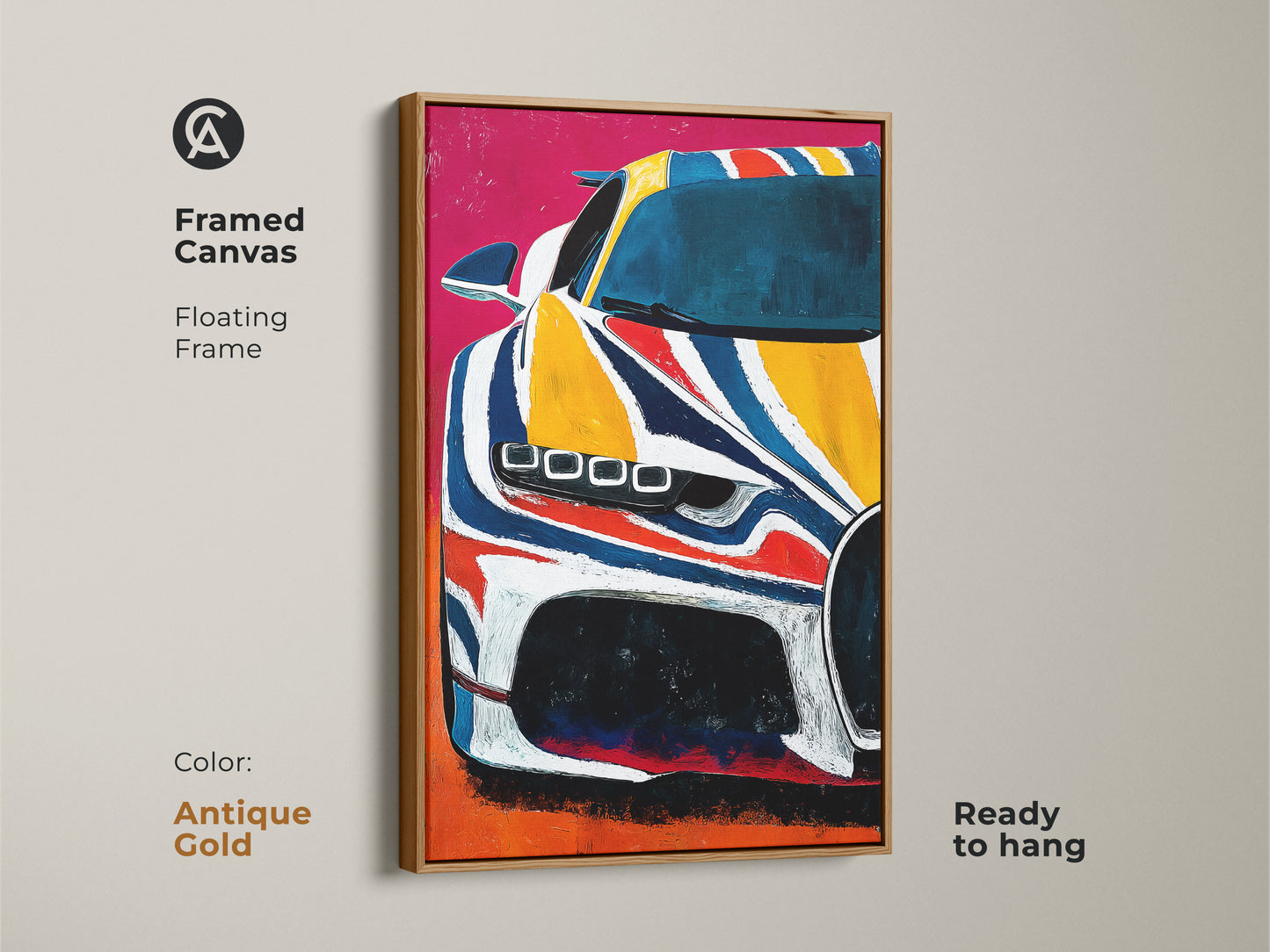 Framed canvas featuring abstract supercar art. This modern automotive artwork uses yellow blue and red colors. A floating frame in antique gold makes it ready to hang. Enhance garage or office decor with automotive passion.