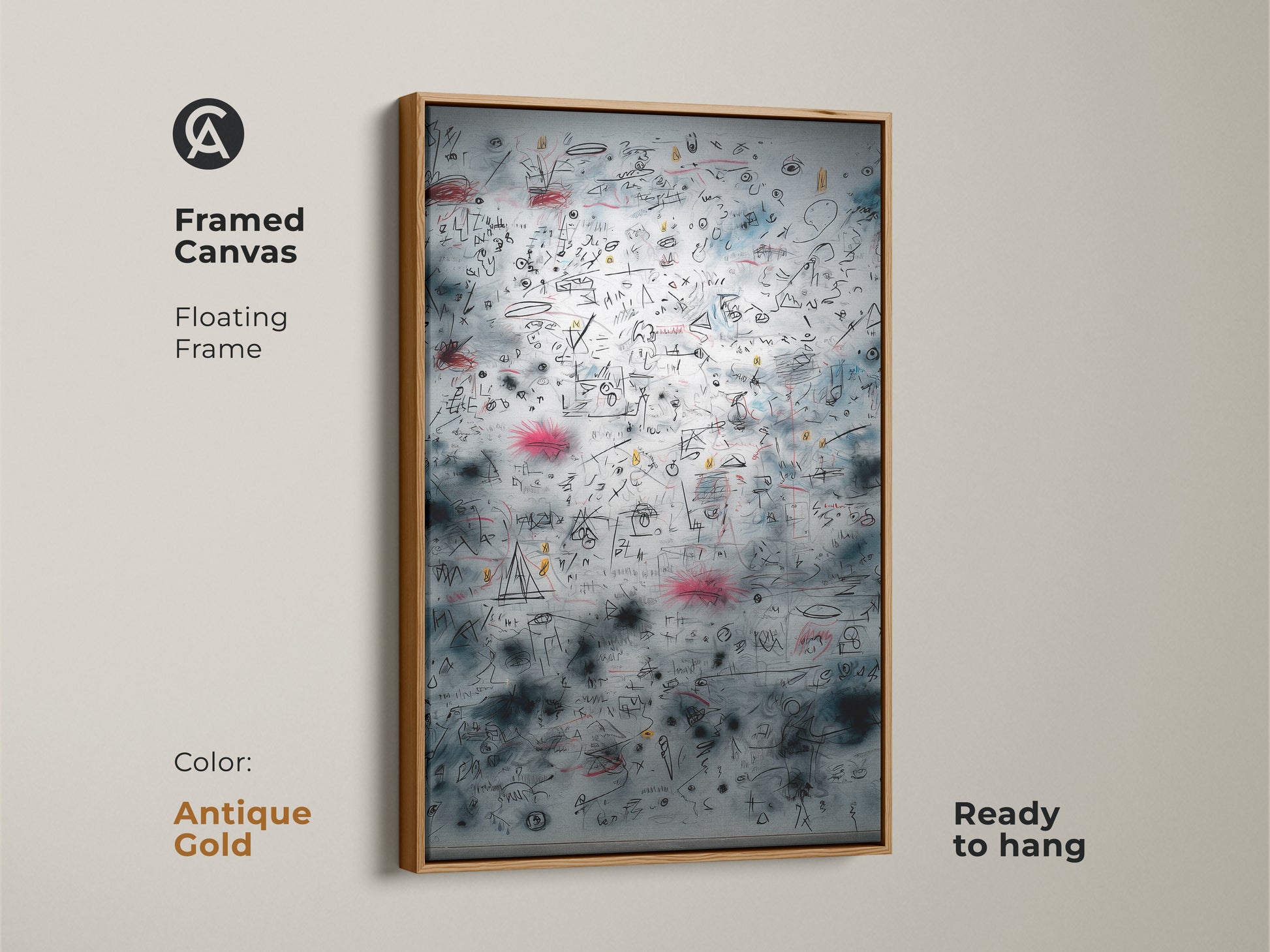 Framed canvas art with a floating frame in antique gold. This ready-to-hang art features a complex composition of lines and shapes. The antique gold frame adds a touch of vintage charm. Perfect for adding a sophisticated element to your decor. The floating frame style enhances the overall presentation of the artwork.