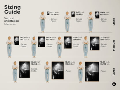 Sizing guide for vertical monochrome bar artwork. Available in small medium and large sizes. Options include canvas and poster prints. Find the perfect fit for your industrial home decor. Sizes up to 45x67 inches.