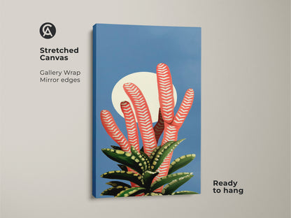 Stretched Canvas of abstract botanical art. The coral succulent canvas has a Mid-Century Modern print style. Perfect for Scandinavian office decor this blue moon wall art enhances any space. A nature-inspired artwork that's ready to hang and enjoy.