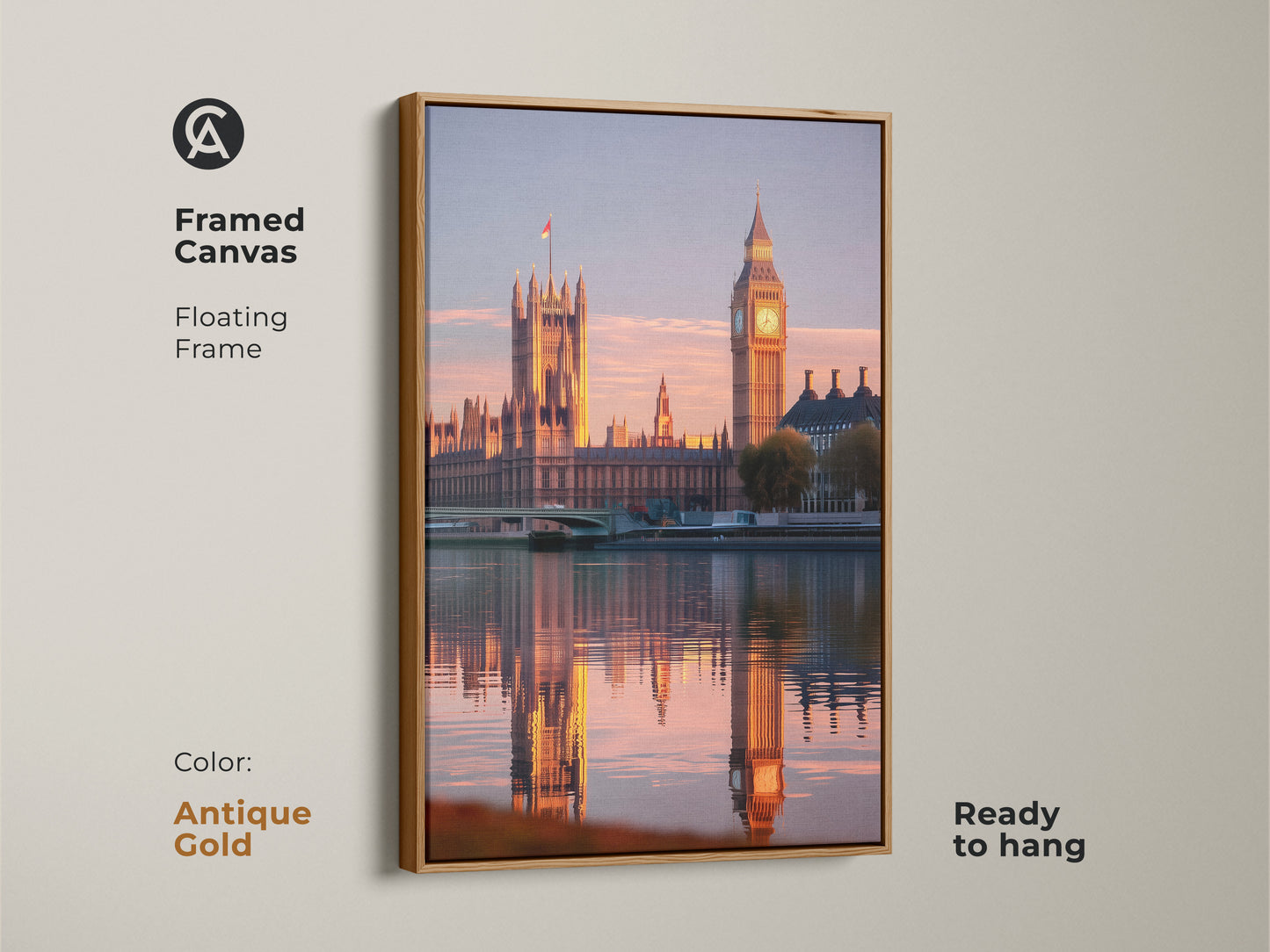 Framed Canvas artwork showcasing London's Houses of Parliament and Big Ben. See the architecture during the golden hour. The floating frame is antique gold and ready to hang in your home.