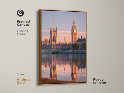 Framed Canvas artwork showcasing London's Houses of Parliament and Big Ben. See the architecture during the golden hour. The floating frame is antique gold and ready to hang in your home.