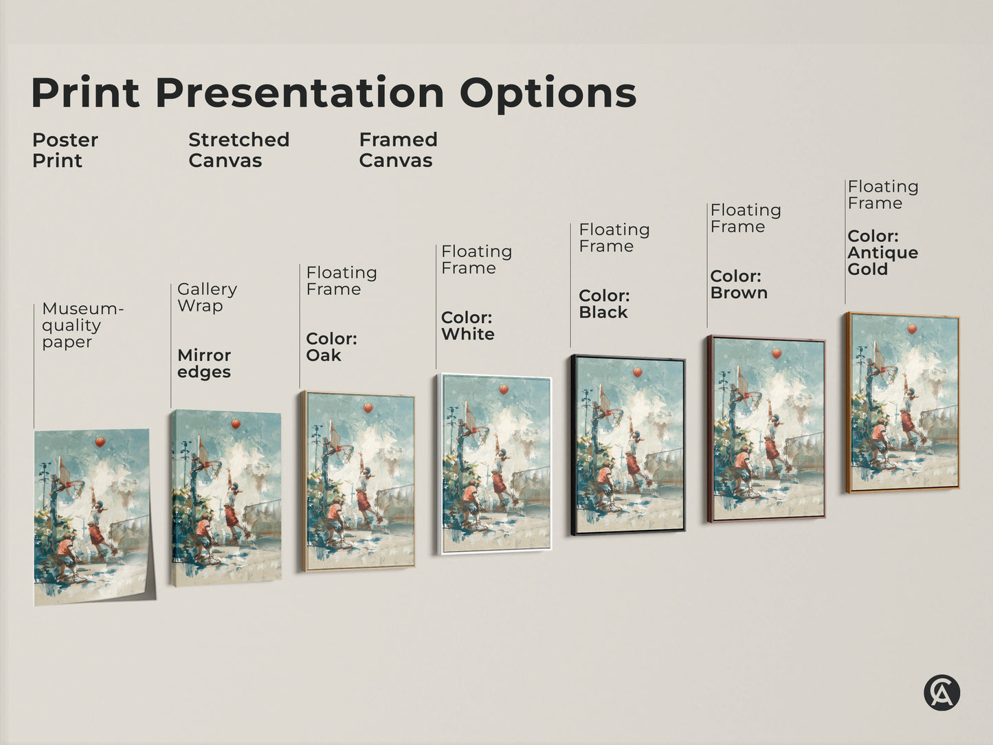 Explore our basketball art print presentation options. Choose from poster print stretched canvas or framed canvas. Customize with floating frame colors like white black brown and antique gold. Find the perfect museum quality artwork to match your style. Elevate your space today