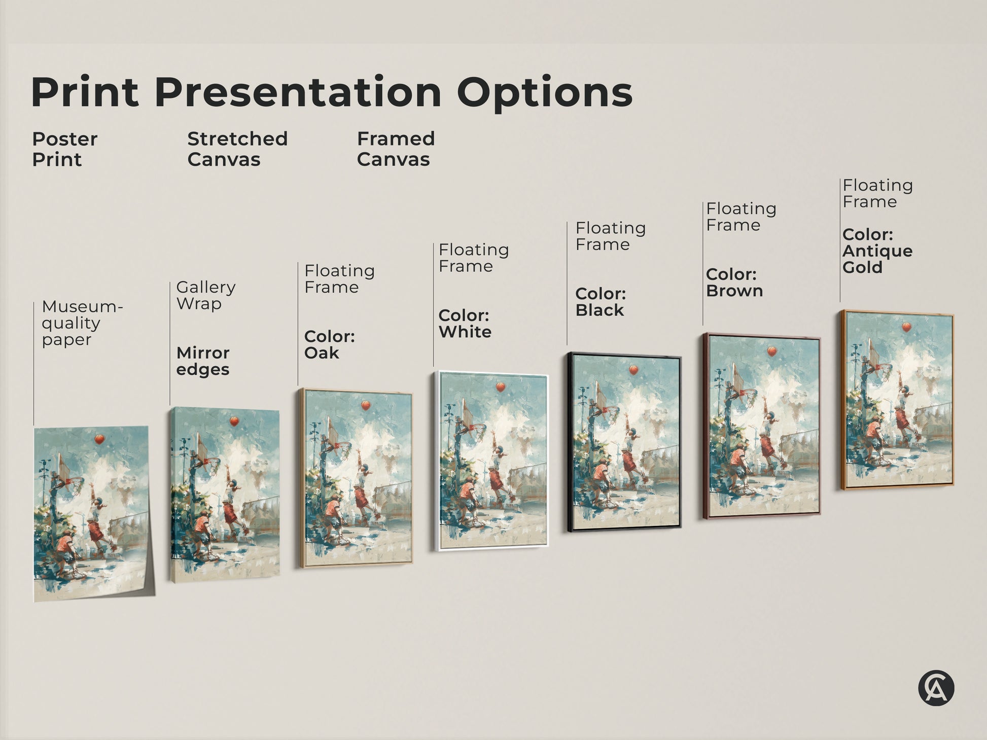 Explore our basketball art print presentation options. Choose from poster print stretched canvas or framed canvas. Customize with floating frame colors like white black brown and antique gold. Find the perfect museum quality artwork to match your style. Elevate your space today