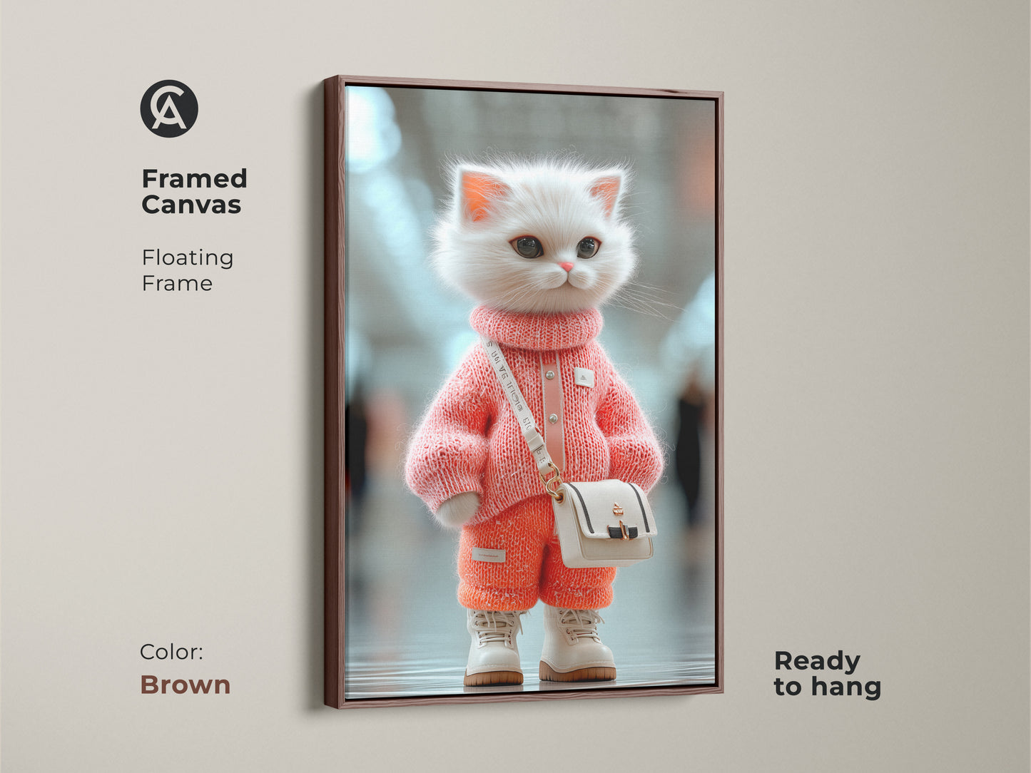 Framed canvas artwork with a brown floating frame featuring a stylish kitten in pink. This adorable animal art is ready to hang. Perfect for adding a touch of warmth to any room. The frame enhances the artwork.