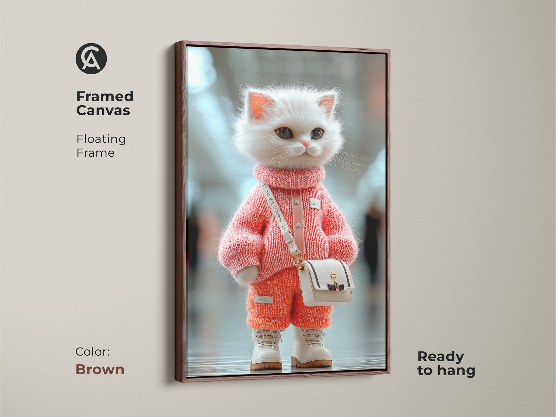 Framed canvas artwork with a brown floating frame featuring a stylish kitten in pink. This adorable animal art is ready to hang. Perfect for adding a touch of warmth to any room. The frame enhances the artwork.
