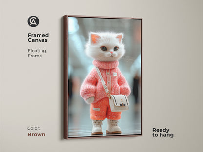 Framed canvas artwork with a brown floating frame featuring a stylish kitten in pink. This adorable animal art is ready to hang. Perfect for adding a touch of warmth to any room. The frame enhances the artwork.