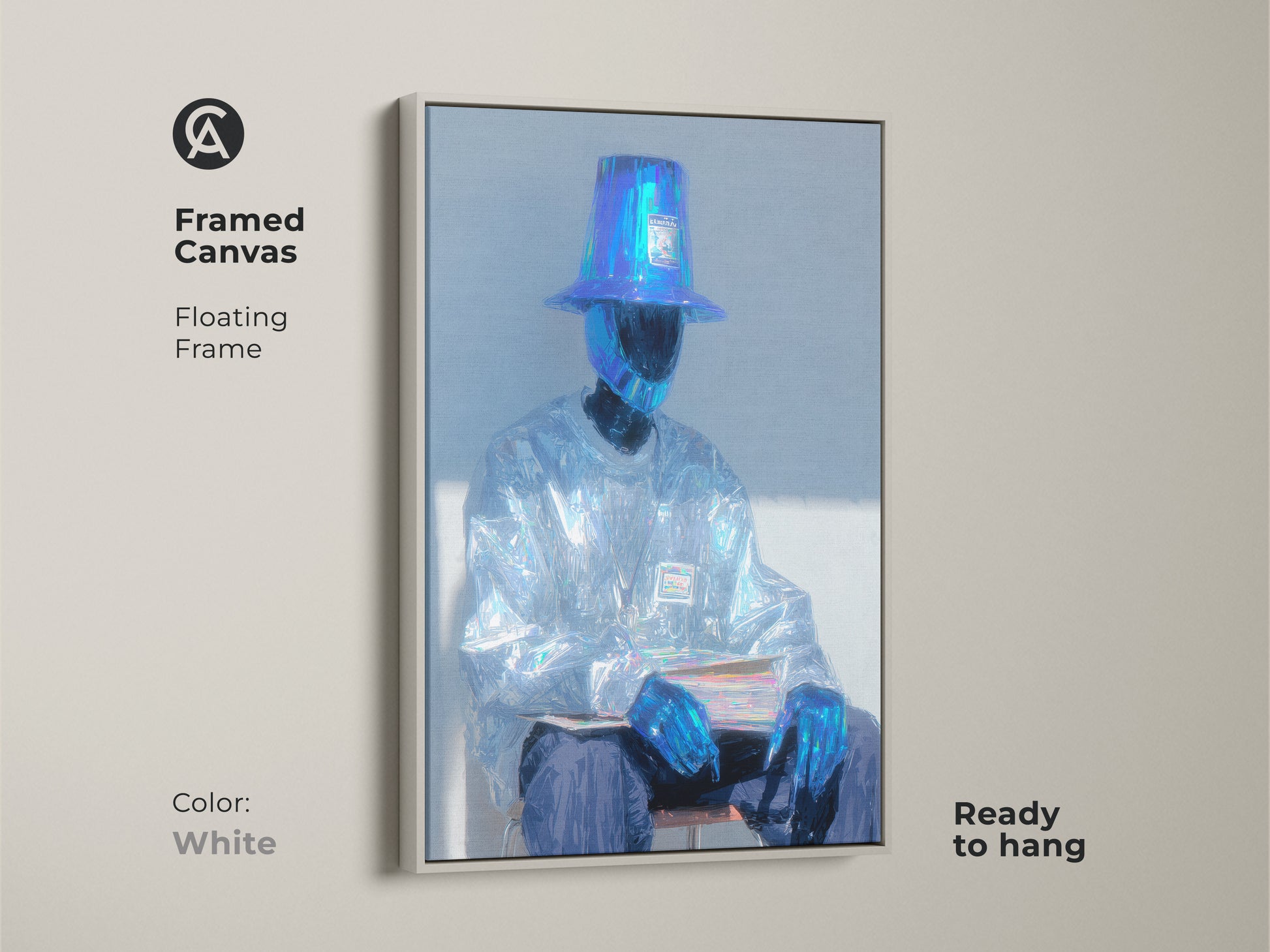 Framed canvas print of a seated figure artwork. The subject wears a bucket hat and iridescent clothes. The floating frame is white. This ready-to-hang art piece adds modern flair to any space.