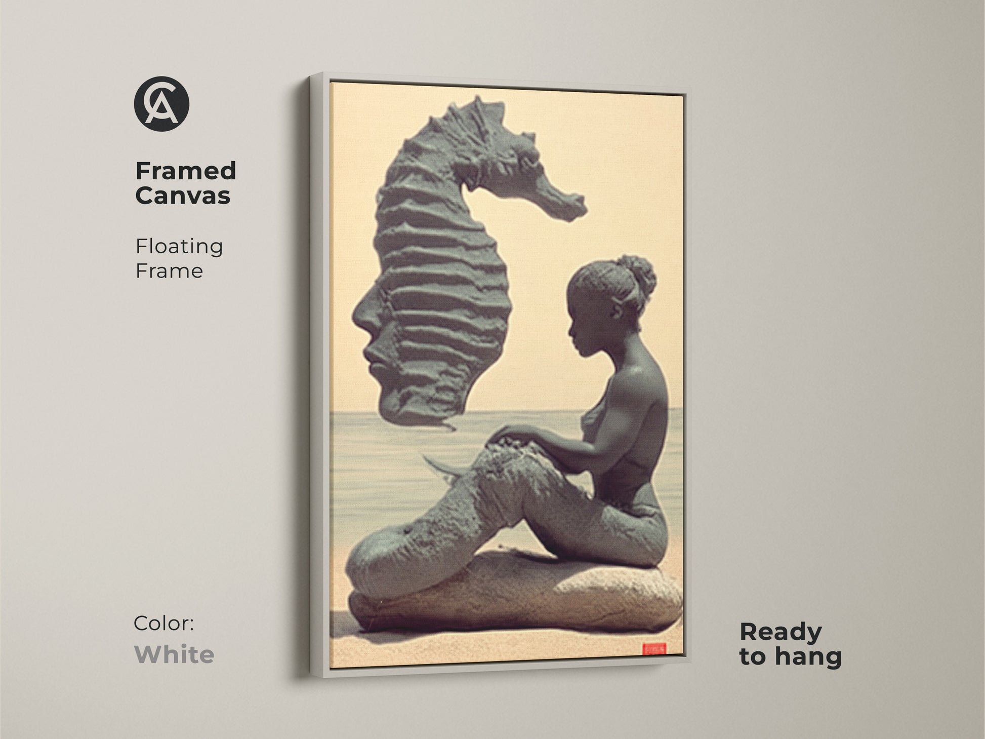 Framed canvas with floating frame displaying a surreal mermaid art print. The white framed canvas features fantasy seahorse wall art. Add this unique ocean art to your coastal fantasy art collection for your living room