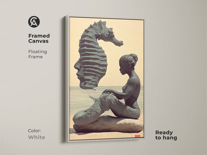 Framed canvas with floating frame displaying a surreal mermaid art print. The white framed canvas features fantasy seahorse wall art. Add this unique ocean art to your coastal fantasy art collection for your living room